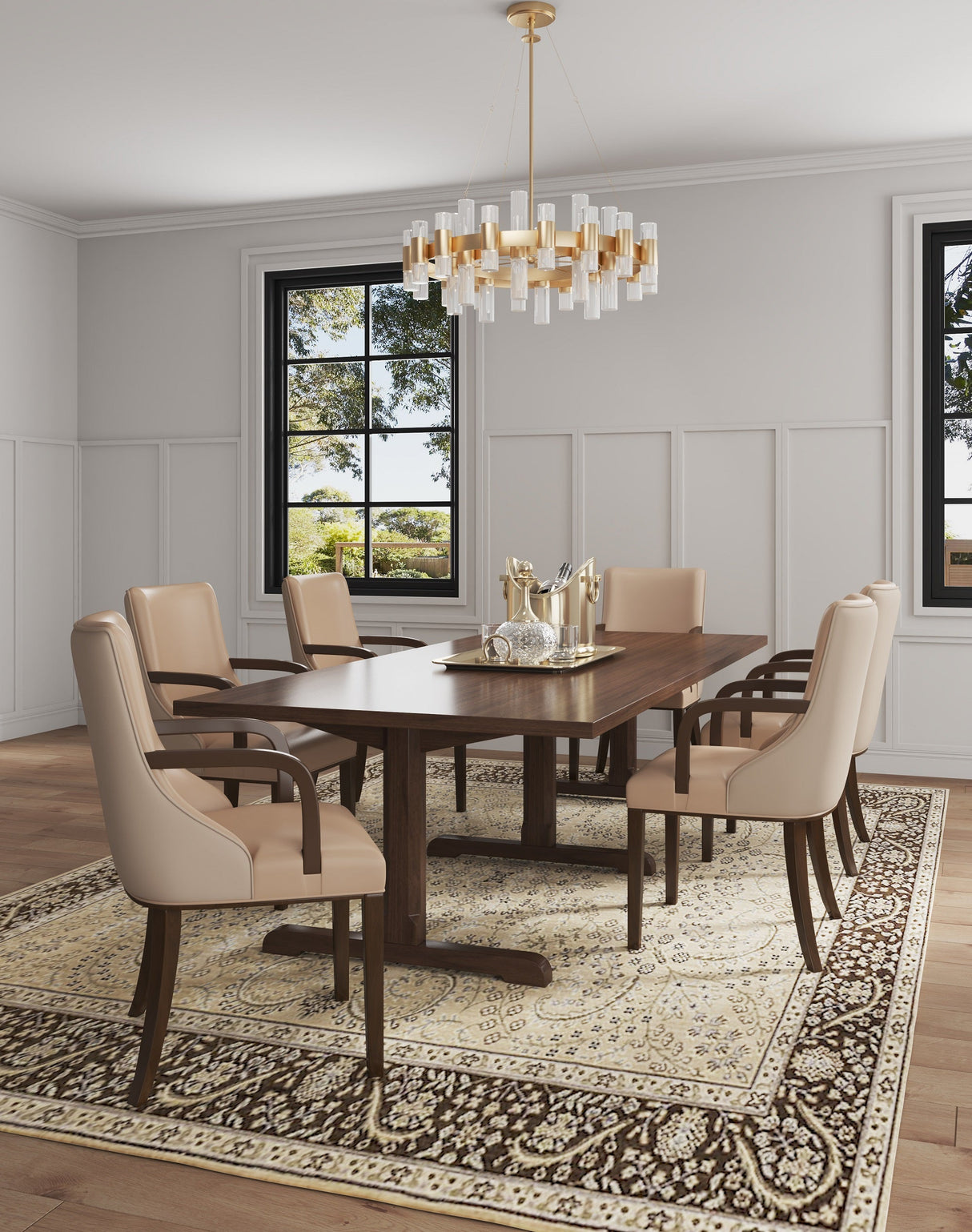 Shubert Faux Leather and Velvet Dining Armchair in Tan by Manhattan Comfort at Eve Furniture