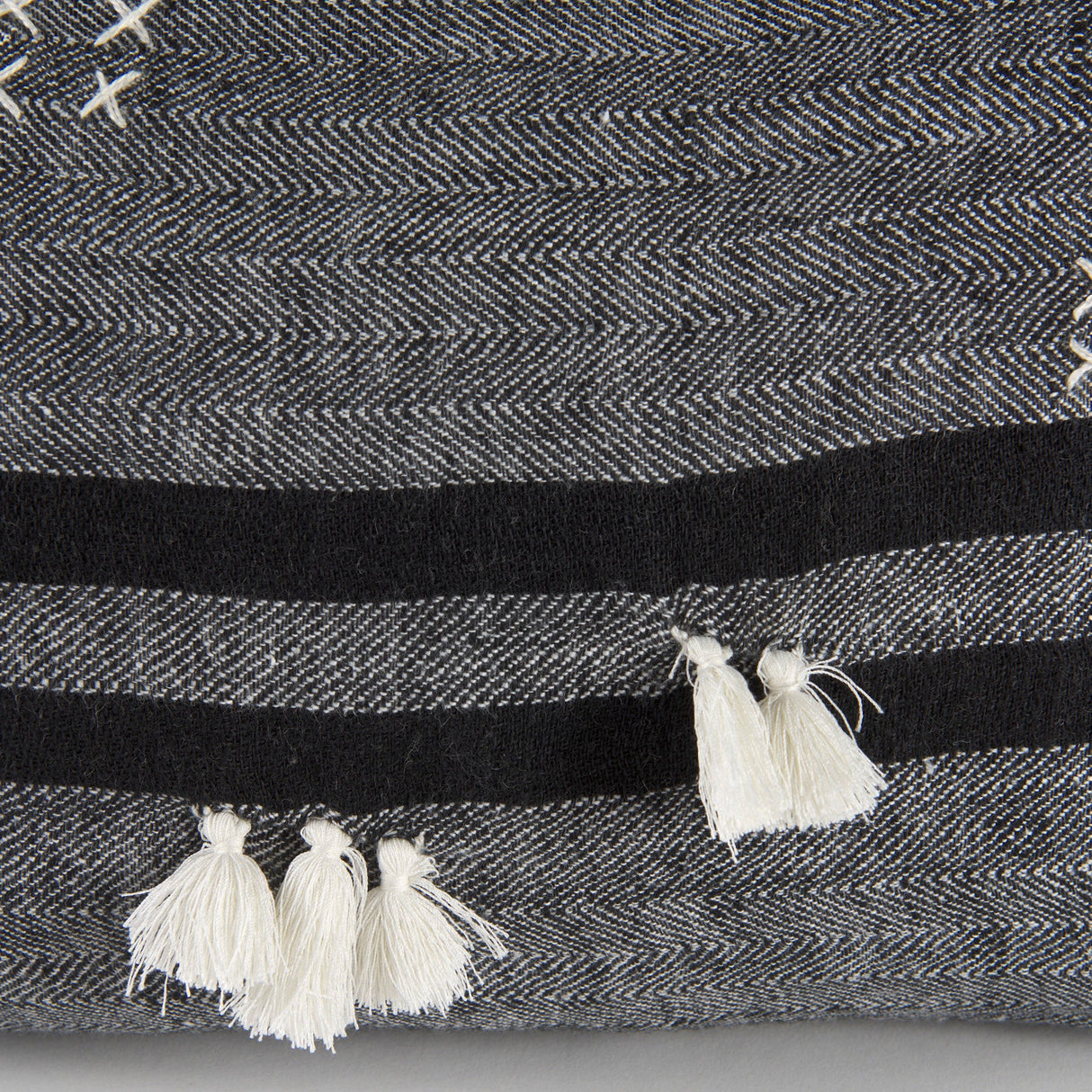 Sibyl Black Fabric Striped and White Fringed Decorative Pillow Cover by Mercana at Eve Furniture
