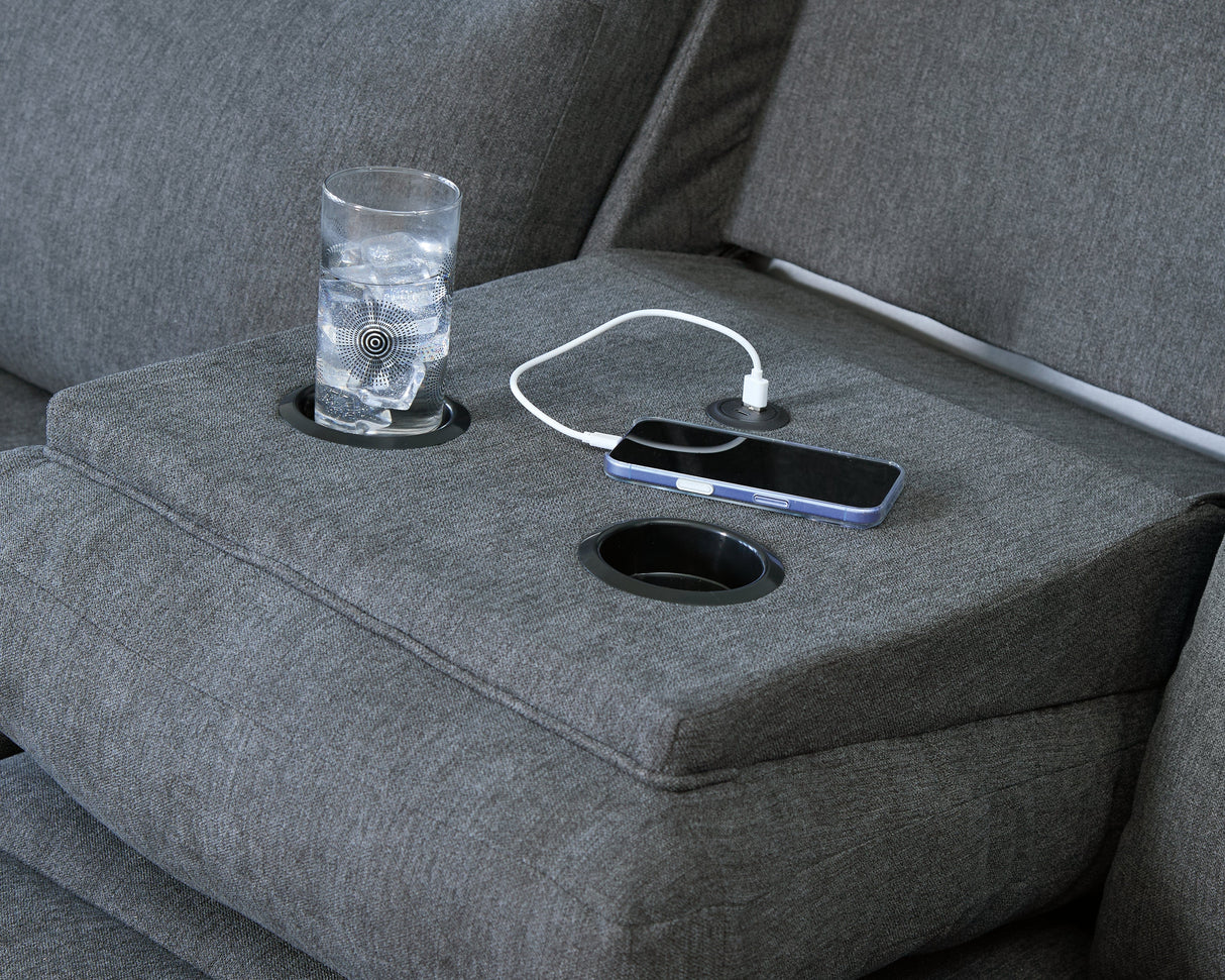 Side-Swipe Charcoal Manual Reclining Sofa with Drop Down Table by Ashley at Eve Furniture