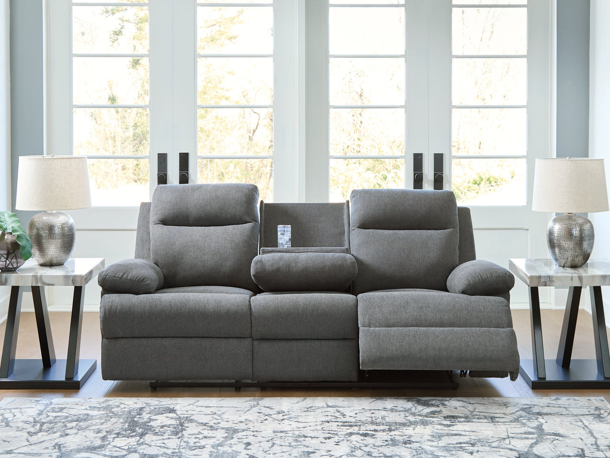 Side-Swipe Charcoal Manual Reclining Sofa with Drop Down Table by Ashley at Eve Furniture