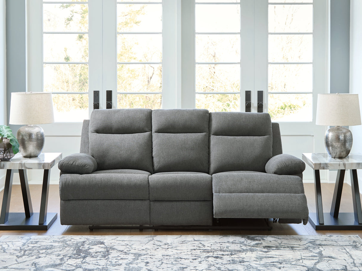 Side-Swipe Charcoal Manual Reclining Sofa with Drop Down Table by Ashley at Eve Furniture