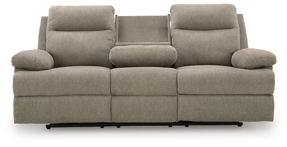 Side-Swipe Mocha Reclining Sofa with Drop Down Table by Ashley at Eve Furniture