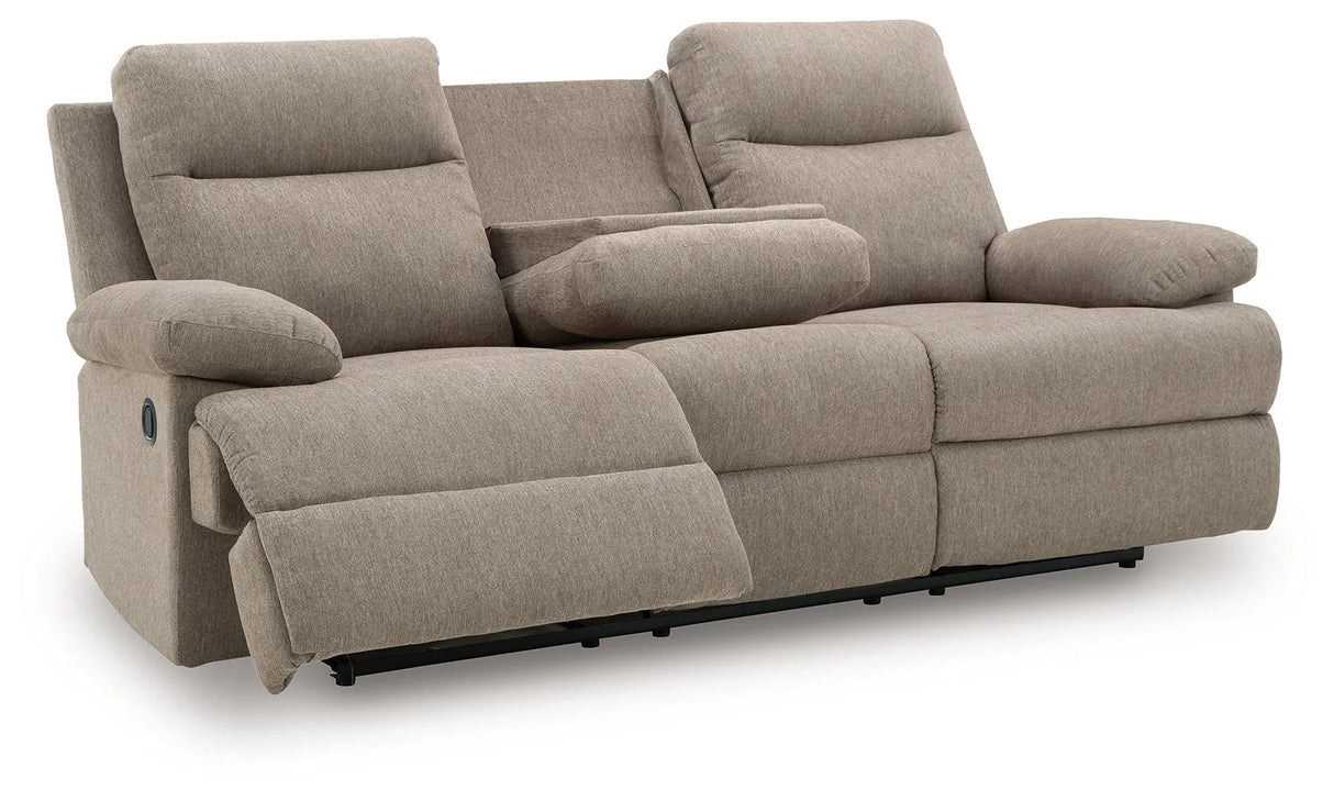 Side-Swipe Mocha Reclining Sofa with Drop Down Table by Ashley at Eve Furniture