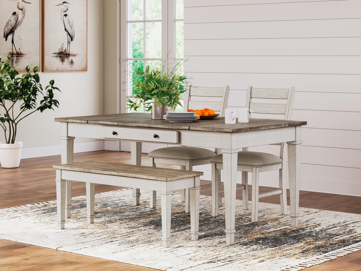 Skempton Two-tone Dining Table, 2 Chairs, and Bench by Ashley at Eve Furniture