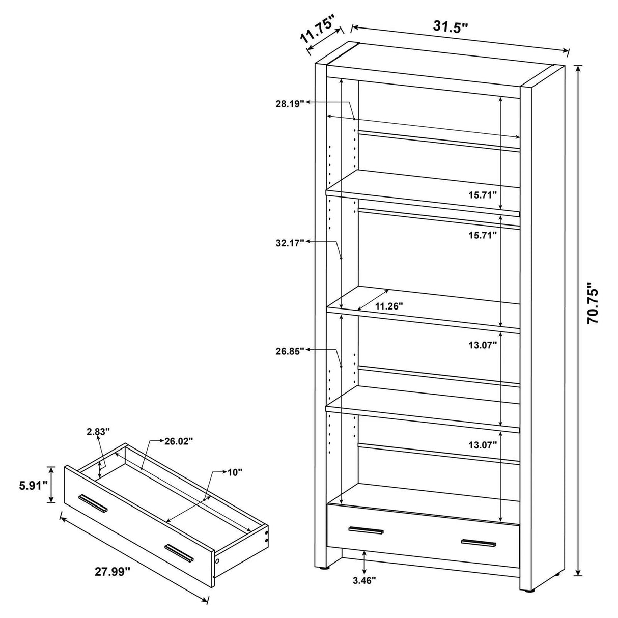 Skylar Cappuccino 5-Shelf Bookcase with Storage Drawer by Coaster at Eve Furniture