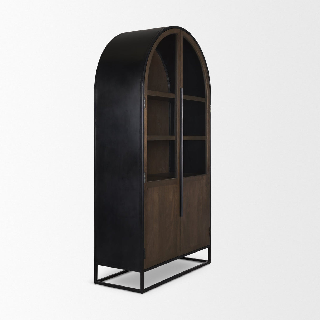 Sloan 42W x 80H Dark Brown Wood W/Black Metal Arched Curio Cabinet by Mercana at Eve Furniture