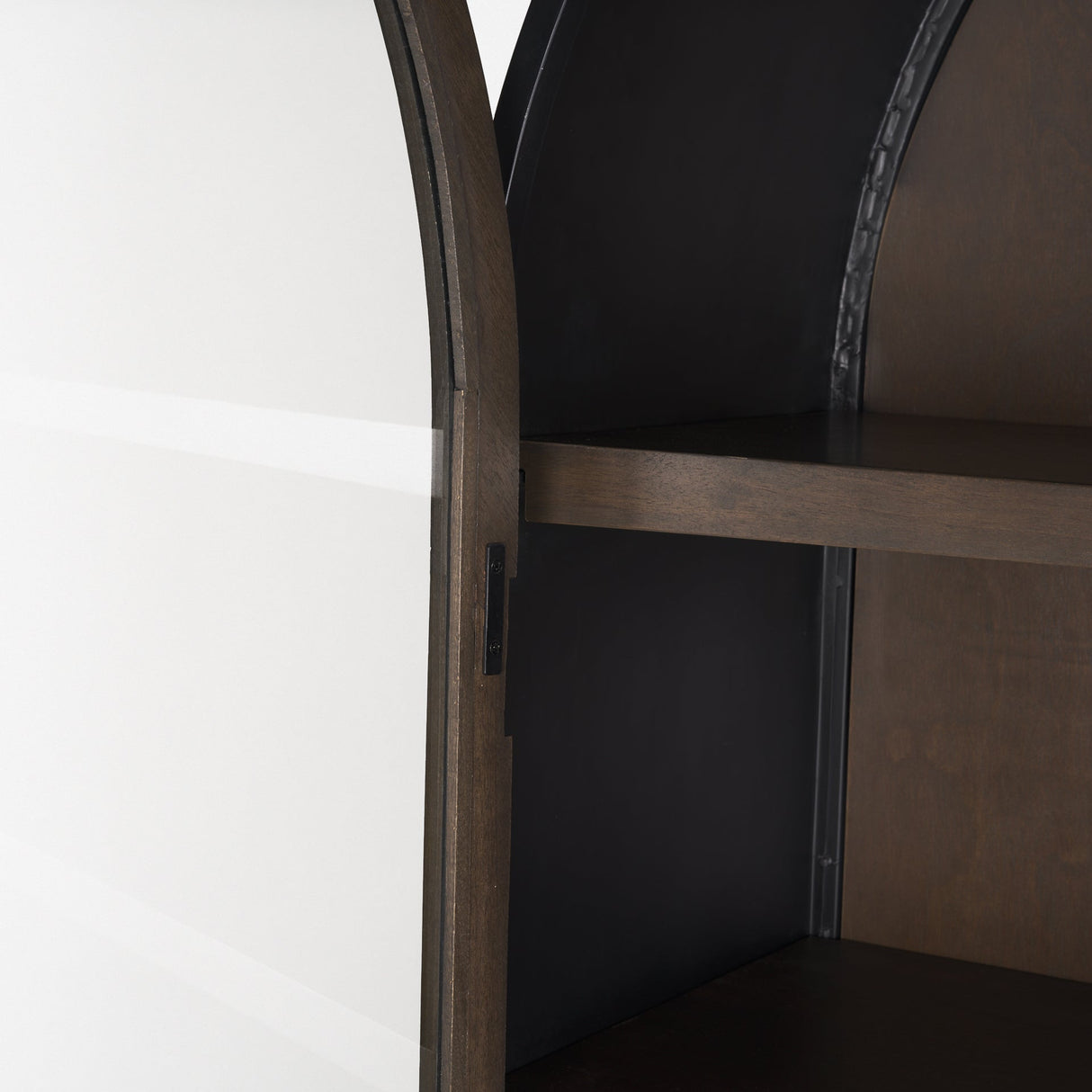 Sloan 42W x 80H Dark Brown Wood W/Black Metal Arched Curio Cabinet by Mercana at Eve Furniture