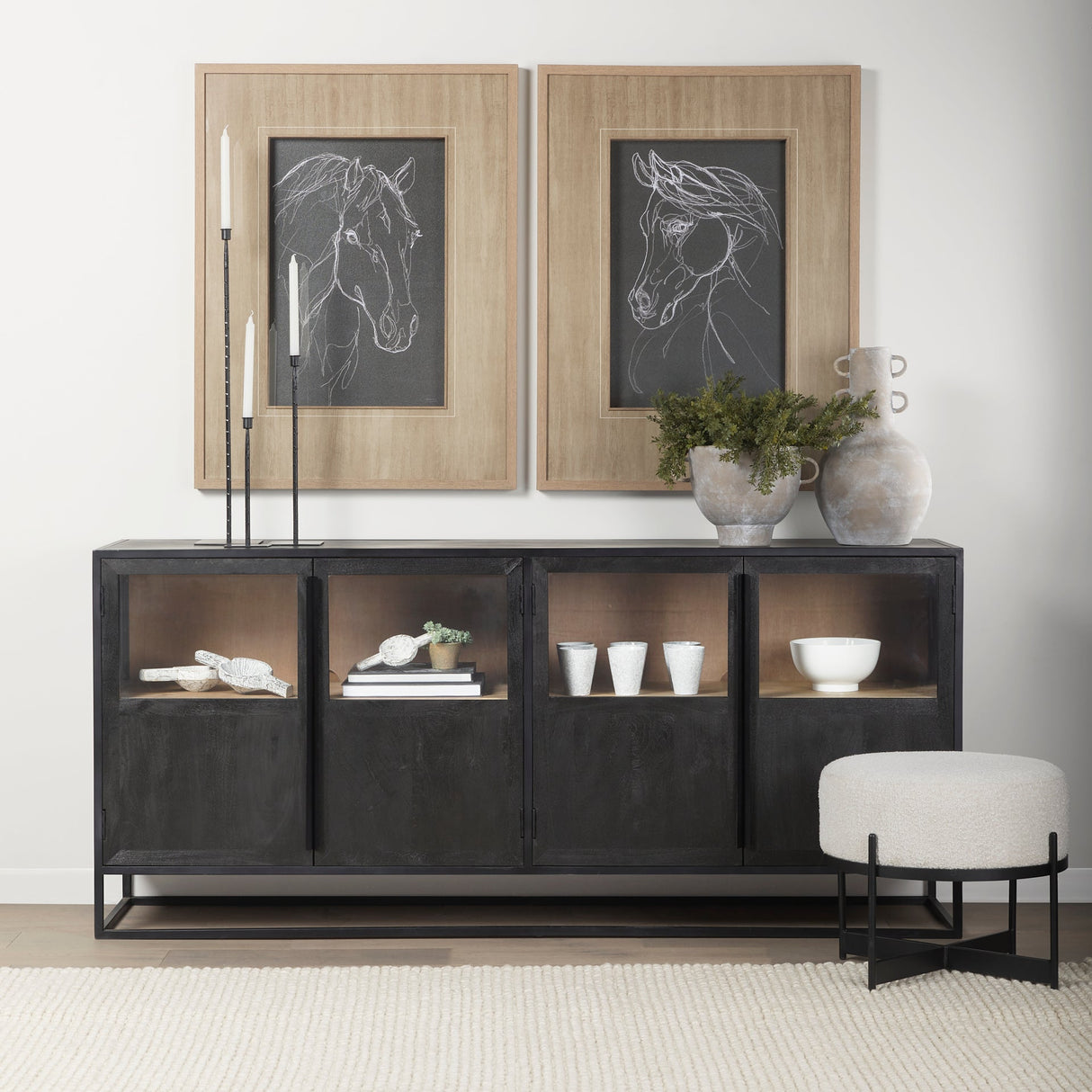 Sloan 80.0L x 17.0W x 36.0H Black Wood W/Black Metal Frame Sideboard by Mercana at Eve Furniture