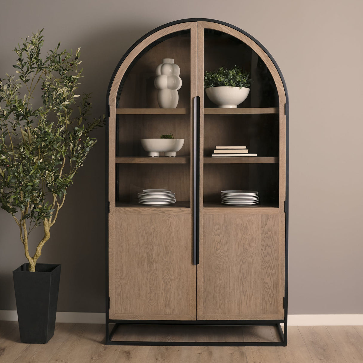 Sloan 47.5W x 80.5H Light Brown W/Black Metal Frame Arched Cabinet by Mercana at Eve Furniture