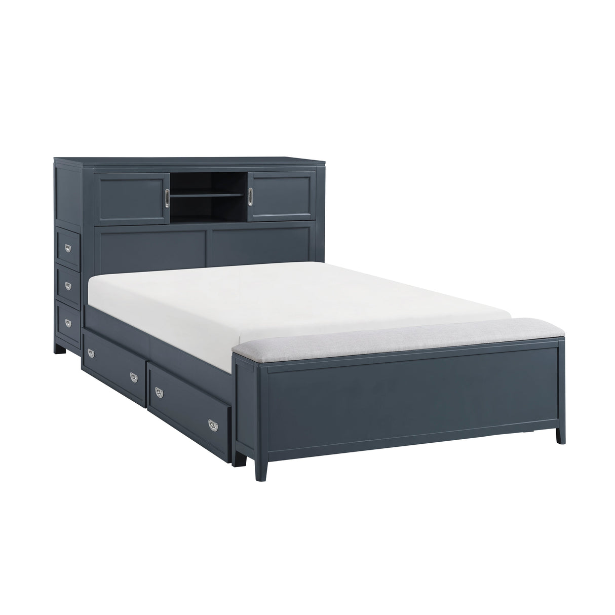 Sloane Navy Blue Full Bookcase Bed with Hidden Desk, Stool and Storage Bench by Homelegance at Eve Furniture