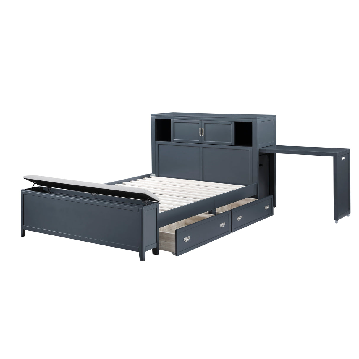 Sloane Navy Blue Full Bookcase Bed with Hidden Desk, Stool and Storage Bench by Homelegance at Eve Furniture