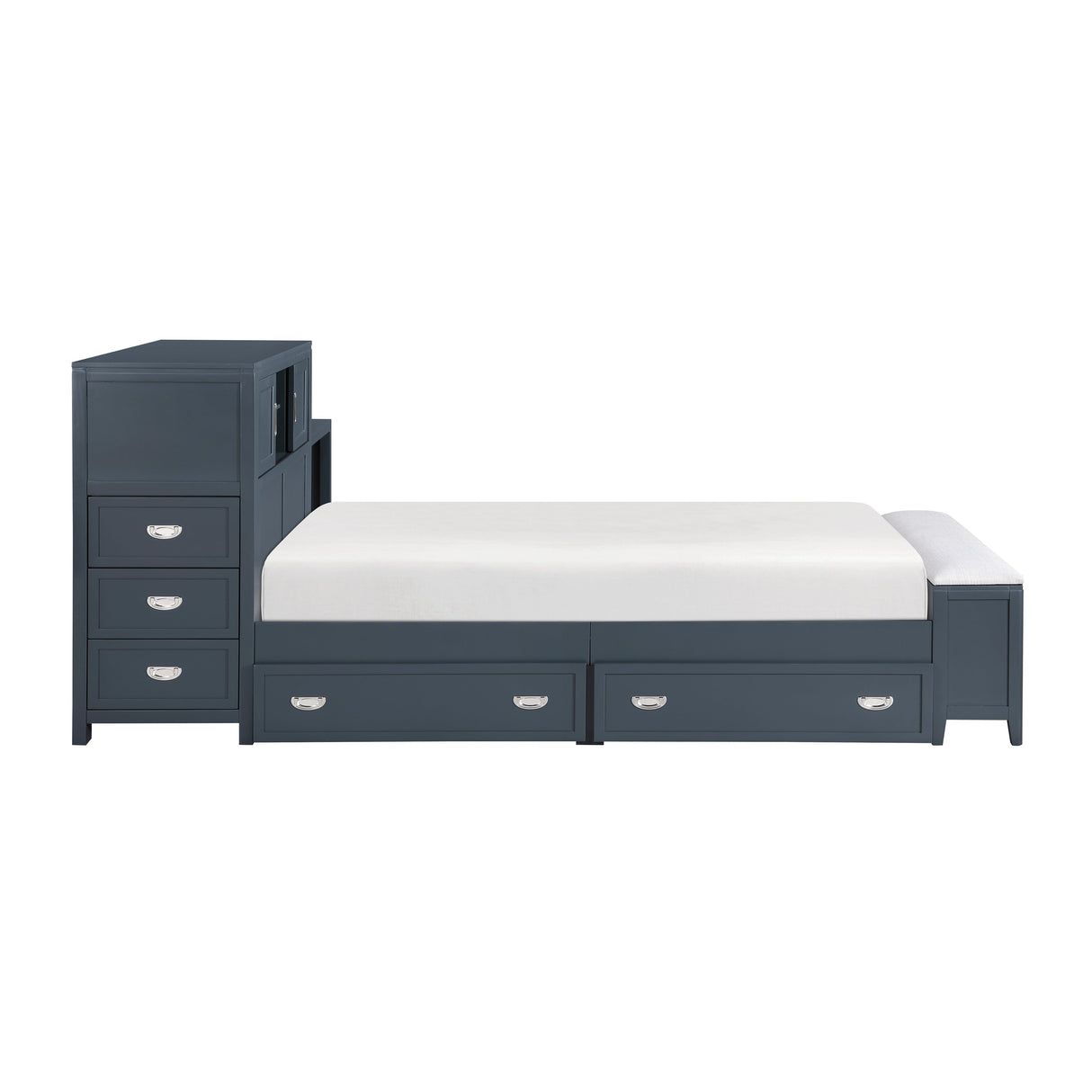 Sloane Navy Blue Twin Bookcase Bed with Hidden Desk, Stool and Storage Bench by Homelegance at Eve Furniture