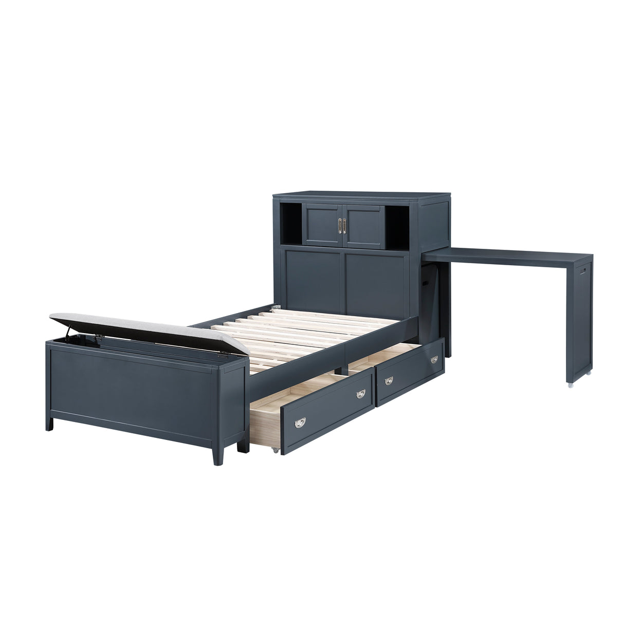 Sloane Navy Blue Twin Bookcase Bed with Hidden Desk, Stool and Storage Bench by Homelegance at Eve Furniture