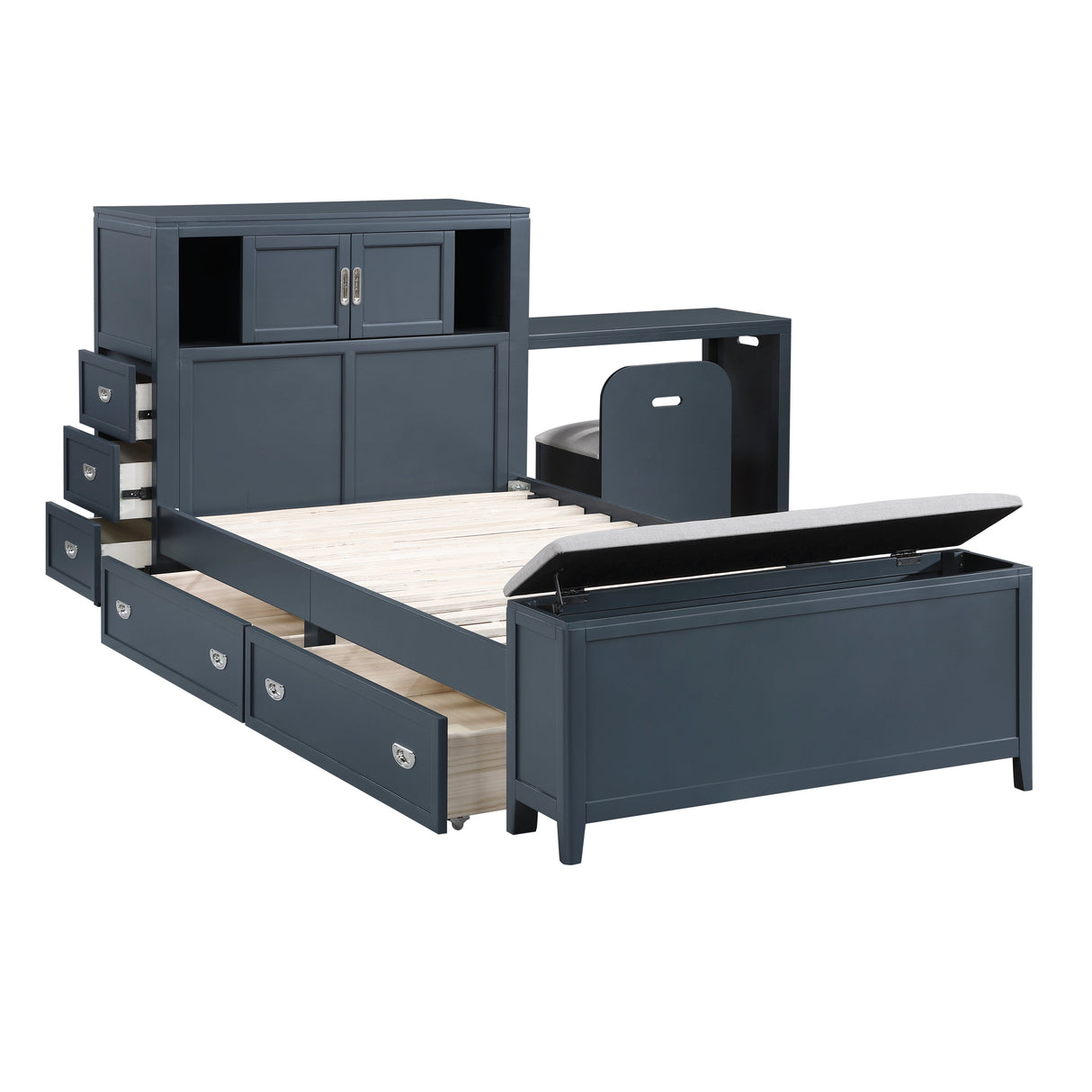 Sloane Navy Blue Twin Bookcase Bed with Hidden Desk, Stool and Storage Bench by Homelegance at Eve Furniture