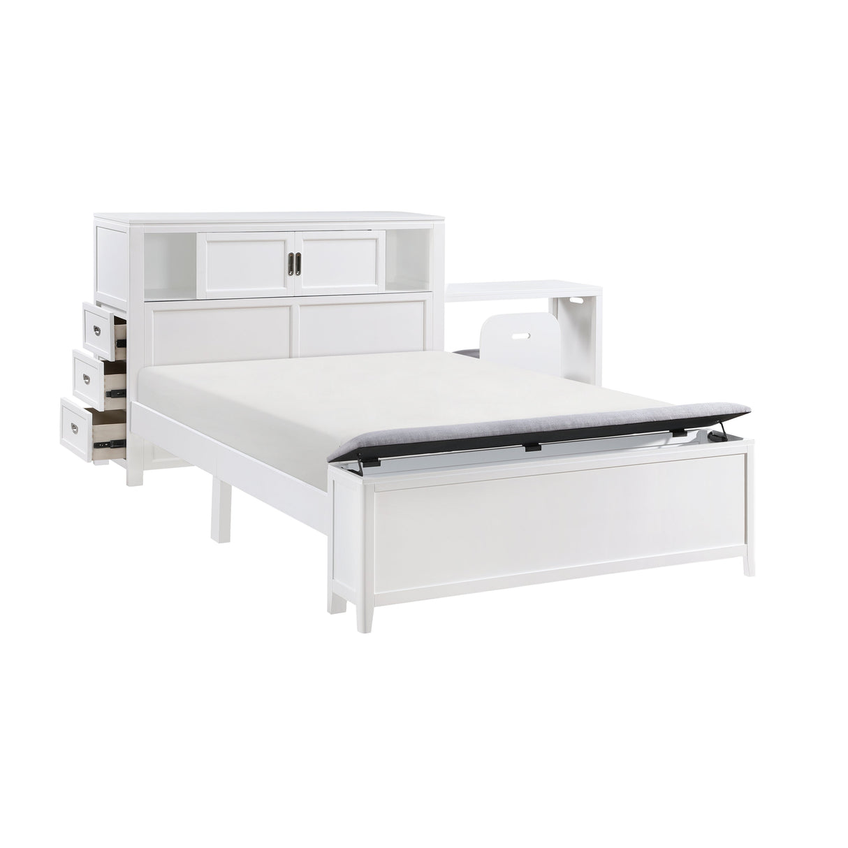 Sloane White Full Bookcase Bed with Hidden Desk, Stool and Storage Bench