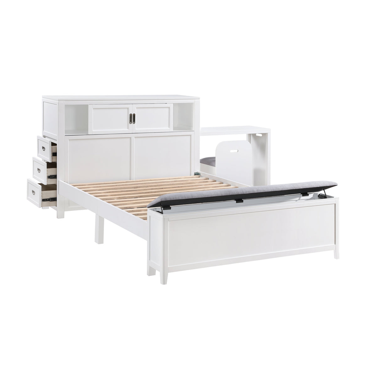 Sloane White Full Bookcase Bed with Hidden Desk, Stool and Storage Bench
