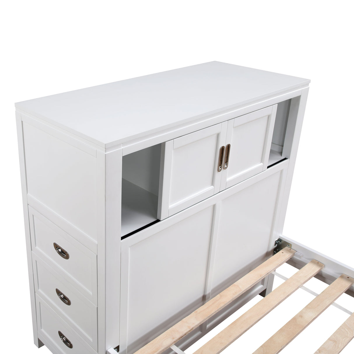 Sloane White Full Bookcase Bed with Hidden Desk, Stool and Storage Bench