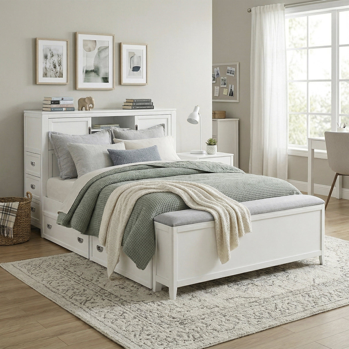 Sloane White Full Bookcase Bed with Hidden Desk, Stool and Storage Bench