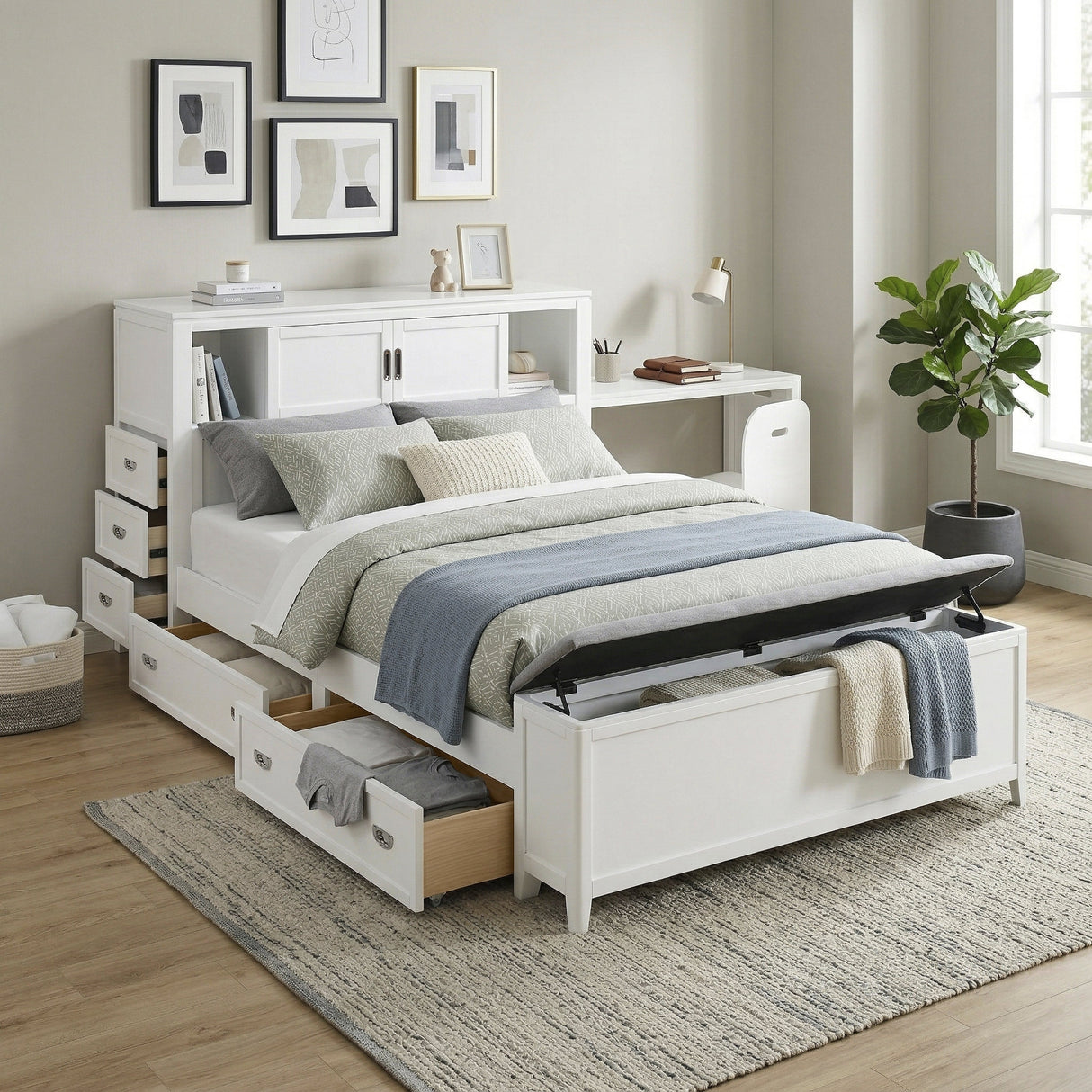 Sloane White Full Bookcase Bed with Hidden Desk, Stool and Storage Bench