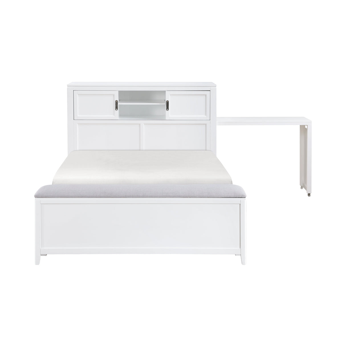 Sloane White Full Bookcase Bed with Hidden Desk, Stool and Storage Bench