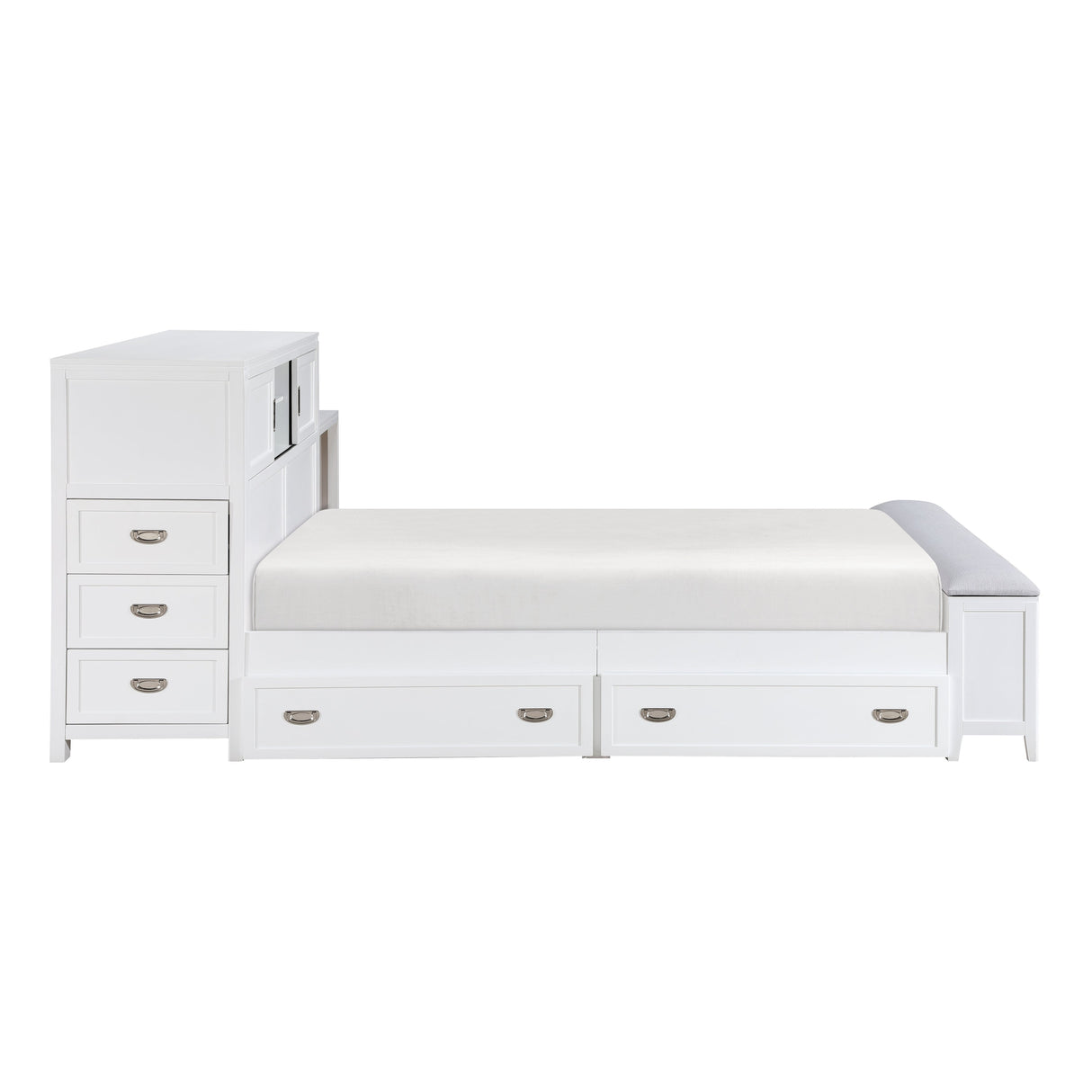 Sloane White Full Bookcase Bed with Hidden Desk, Stool and Storage Bench