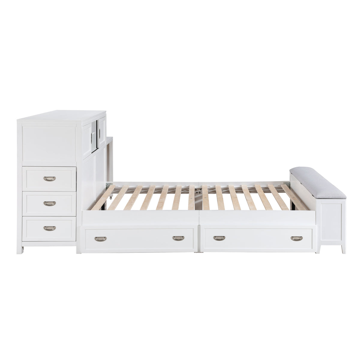 Sloane White Full Bookcase Bed with Hidden Desk, Stool and Storage Bench