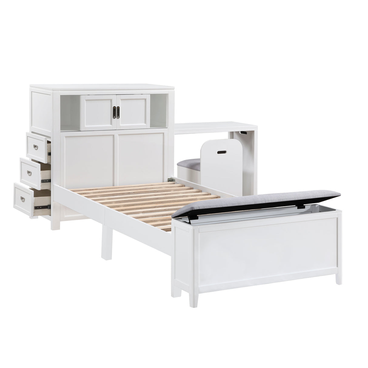 Sloane White Twin Bookcase Bed with Hidden Desk, Stool and Storage Bench