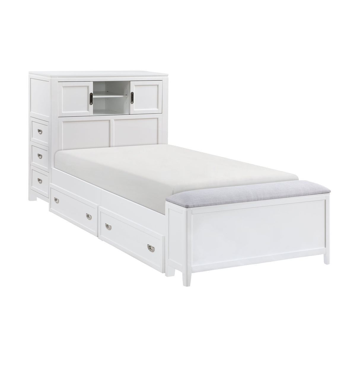 Sloane White Twin Bookcase Bed with Hidden Desk, Stool and Storage Bench