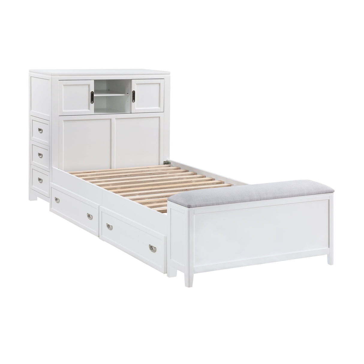 Sloane White Twin Bookcase Bed with Hidden Desk, Stool and Storage Bench