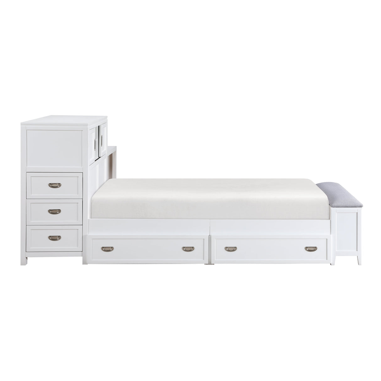 Sloane White Twin Bookcase Bed with Hidden Desk, Stool and Storage Bench