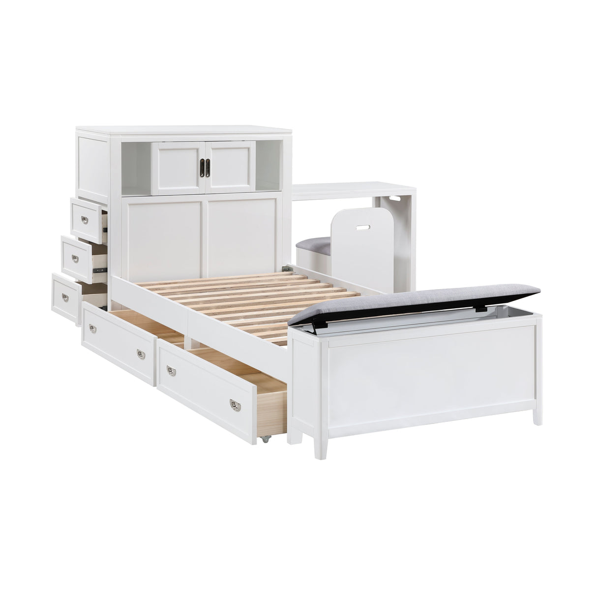 Sloane White Twin Bookcase Bed with Hidden Desk, Stool and Storage Bench