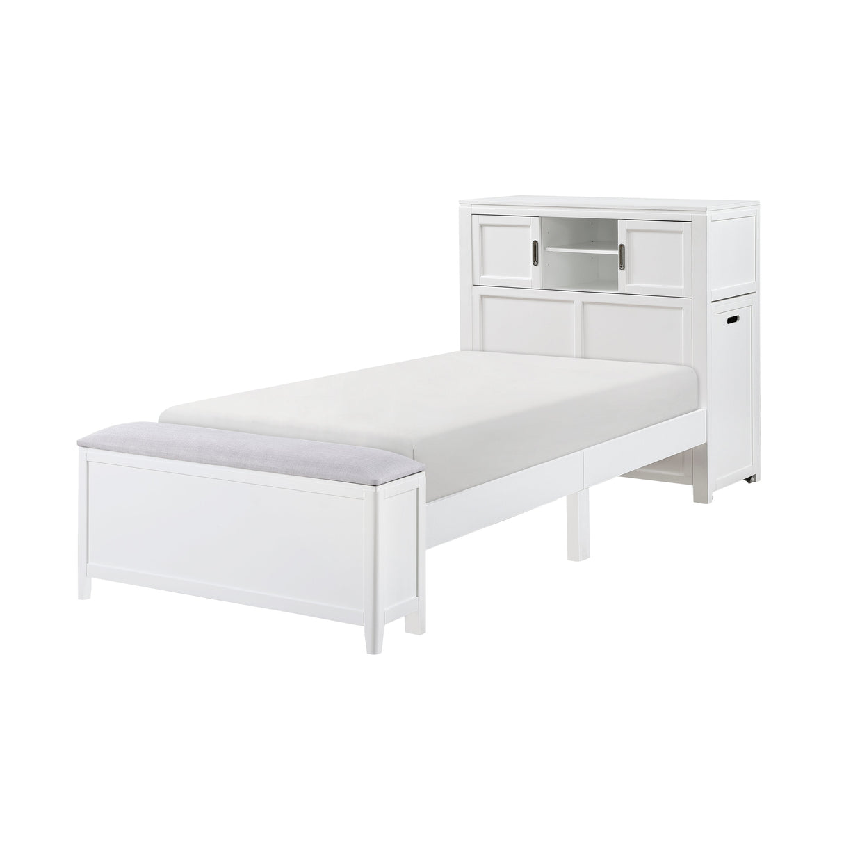 Sloane White Twin Bookcase Bed with Hidden Desk, Stool and Storage Bench
