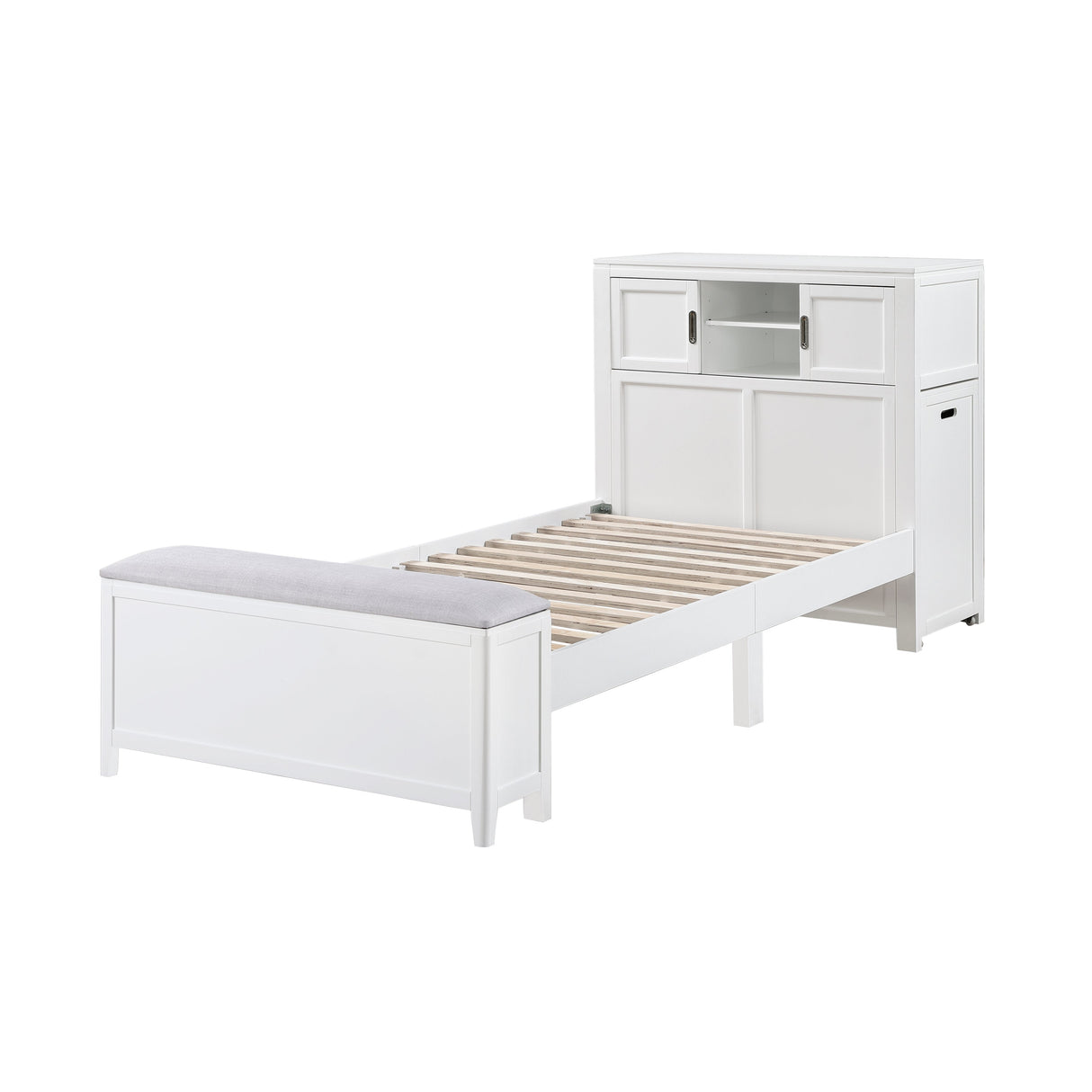 Sloane White Twin Bookcase Bed with Hidden Desk, Stool and Storage Bench