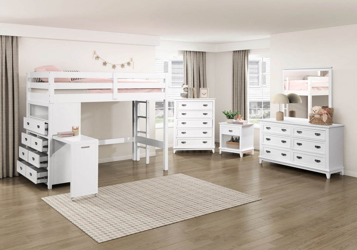 Sloane White Twin Bookcase Bed with Hidden Desk, Stool and Storage Bench