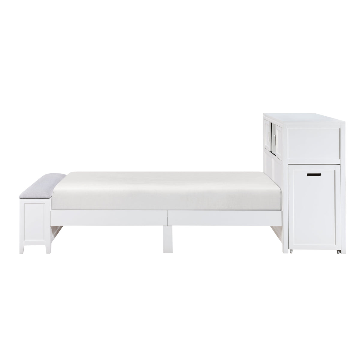 Sloane White Twin Bookcase Bed with Hidden Desk, Stool and Storage Bench