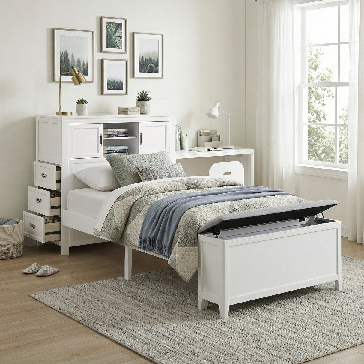 Sloane White Twin Bookcase Bed with Hidden Desk, Stool and Storage Bench