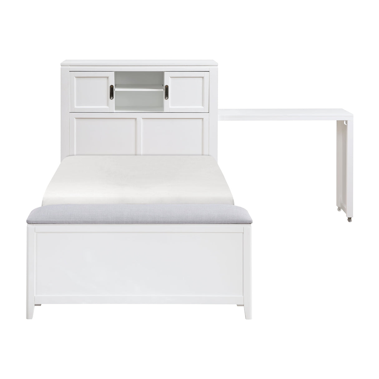 Sloane White Twin Bookcase Bed with Hidden Desk, Stool and Storage Bench