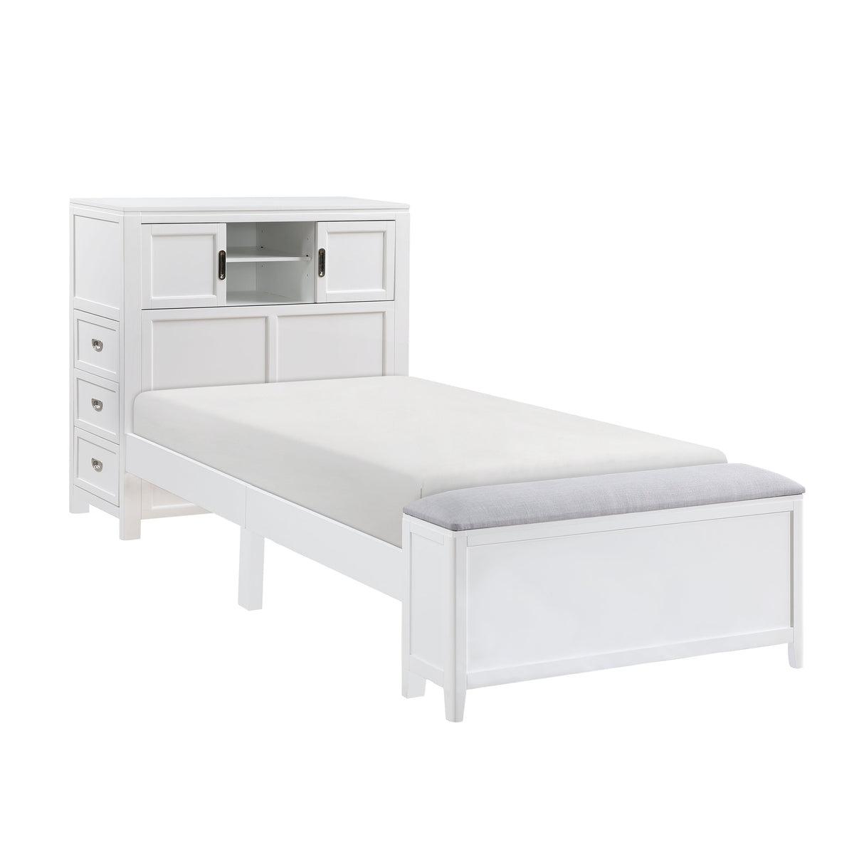 Sloane White Twin Bookcase Bed with Hidden Desk, Stool and Storage Bench