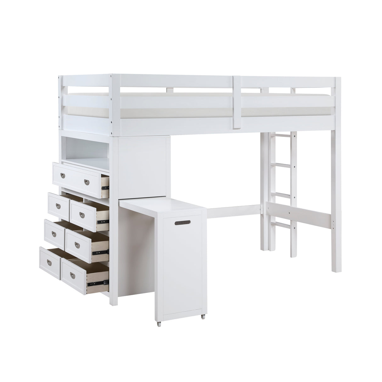 Sloane White Twin/Full Loft Bunk Bed with Chest and Hidden Desk
