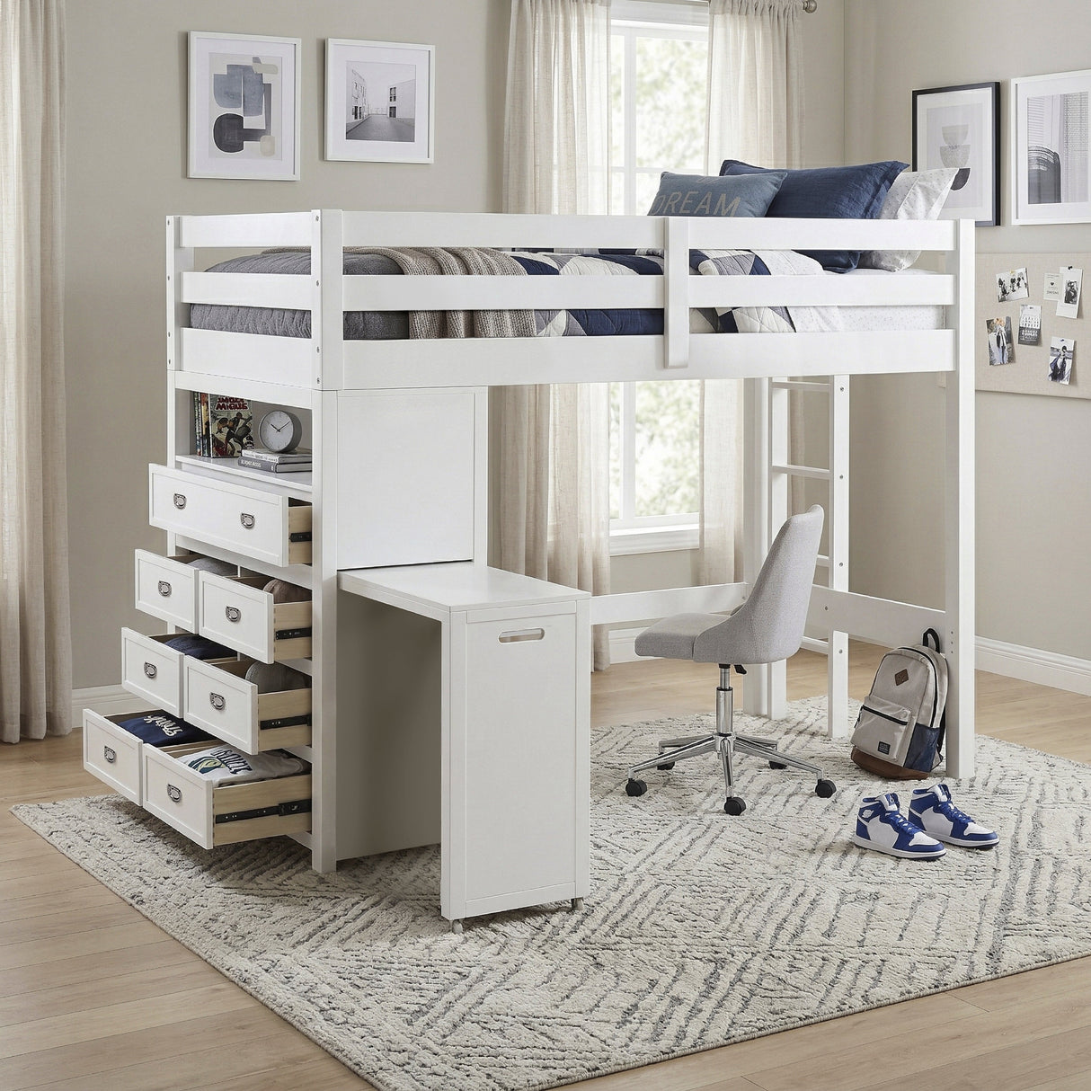 Sloane White Twin/Full Loft Bunk Bed with Chest and Hidden Desk