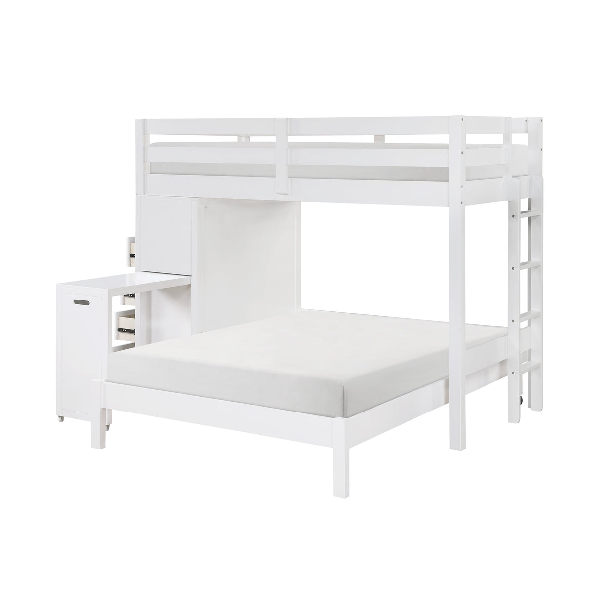 Sloane White Twin/Full Loft Bunk Bed with Chest and Hidden Desk