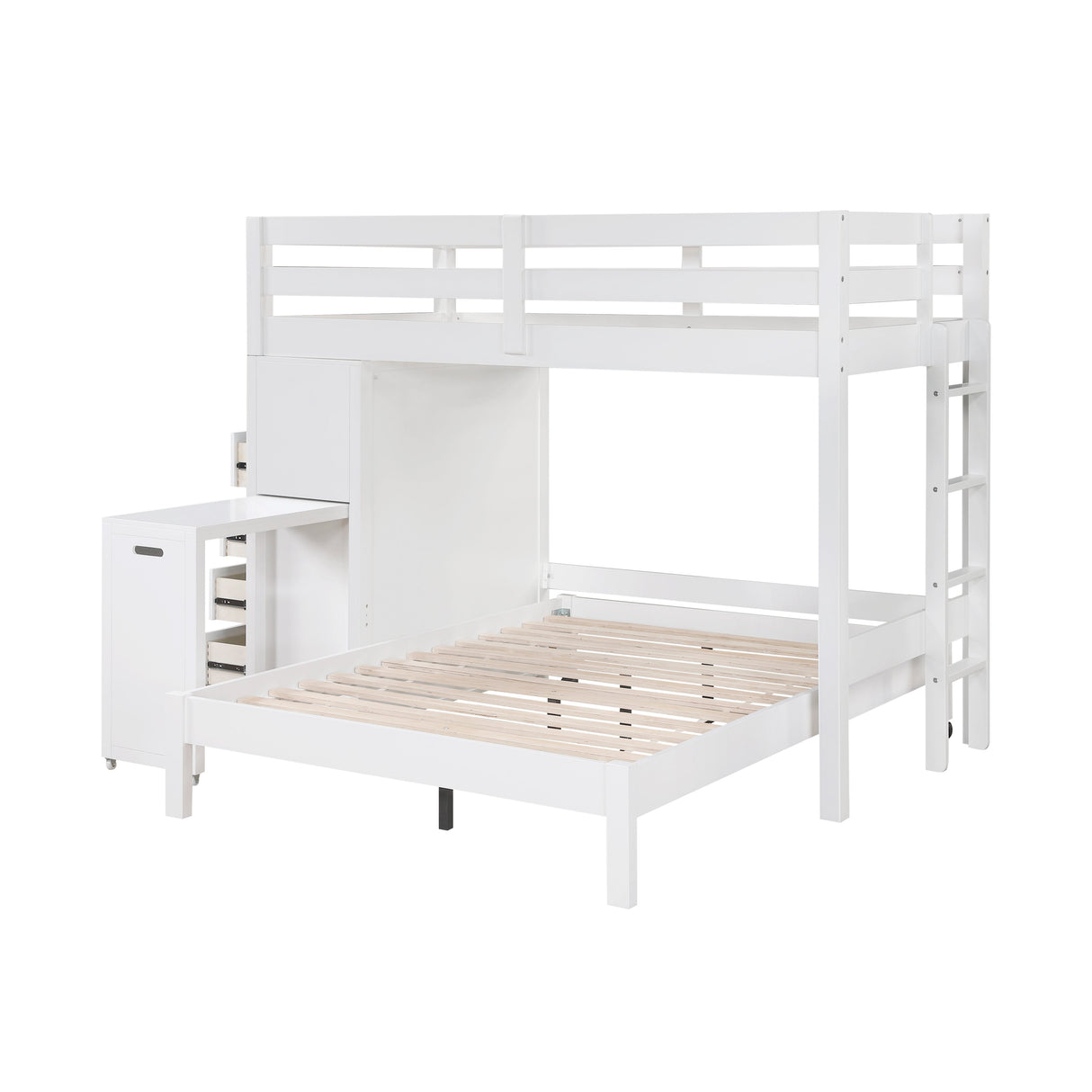 Sloane White Twin/Full Loft Bunk Bed with Chest and Hidden Desk