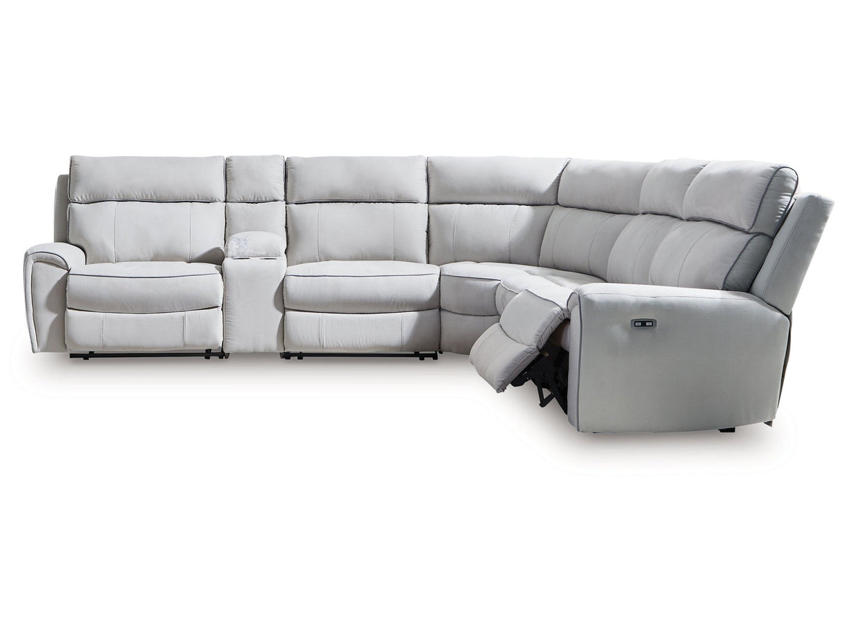 Social Pointe Pearl/Ash 6-Piece Dual Power Reclining Sectional with Console by Ashley at Eve Furniture