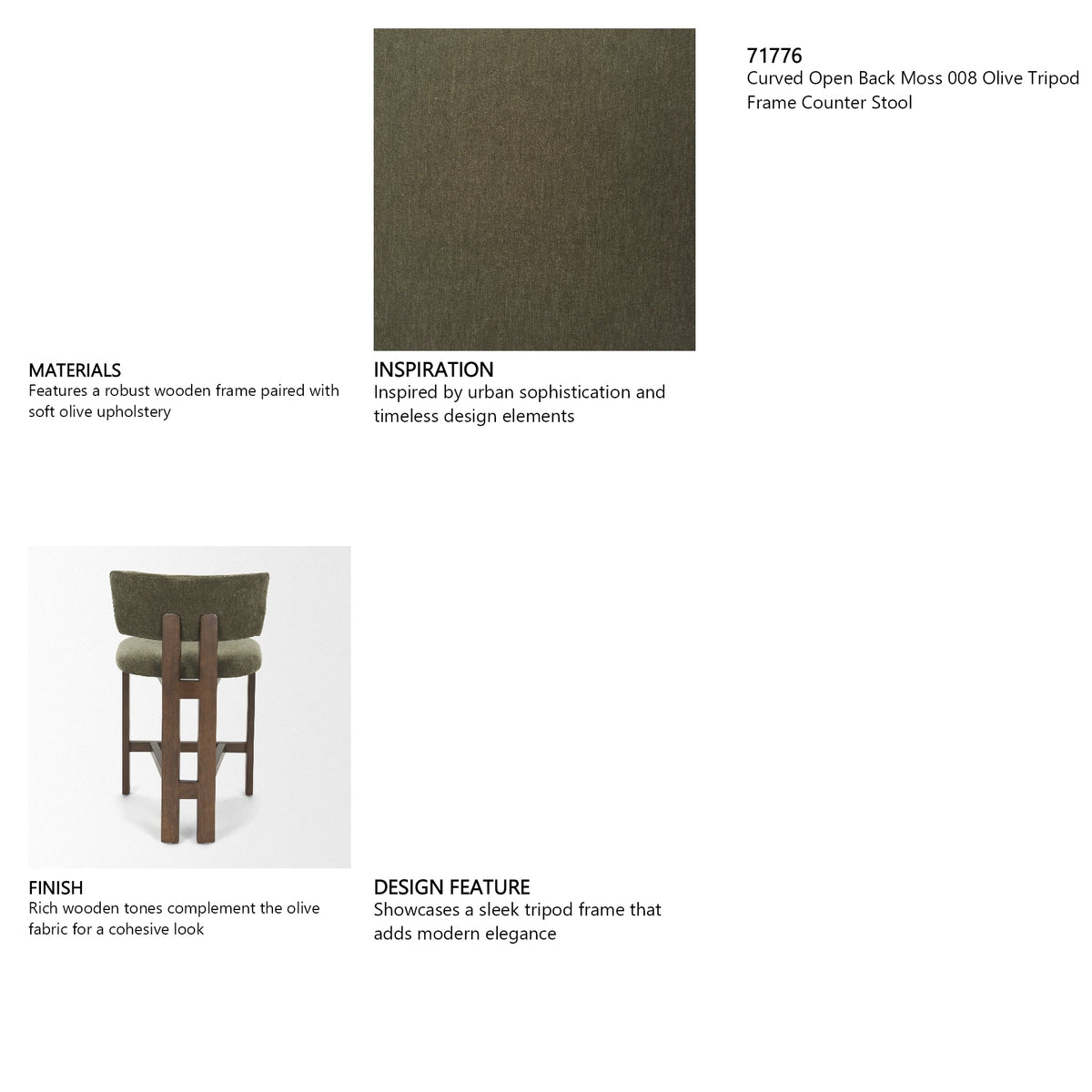 Soho Open Back 35.3in Seat Counter Stool | Olive Fabric w/ Brown Wood by Mercana at Eve Furniture