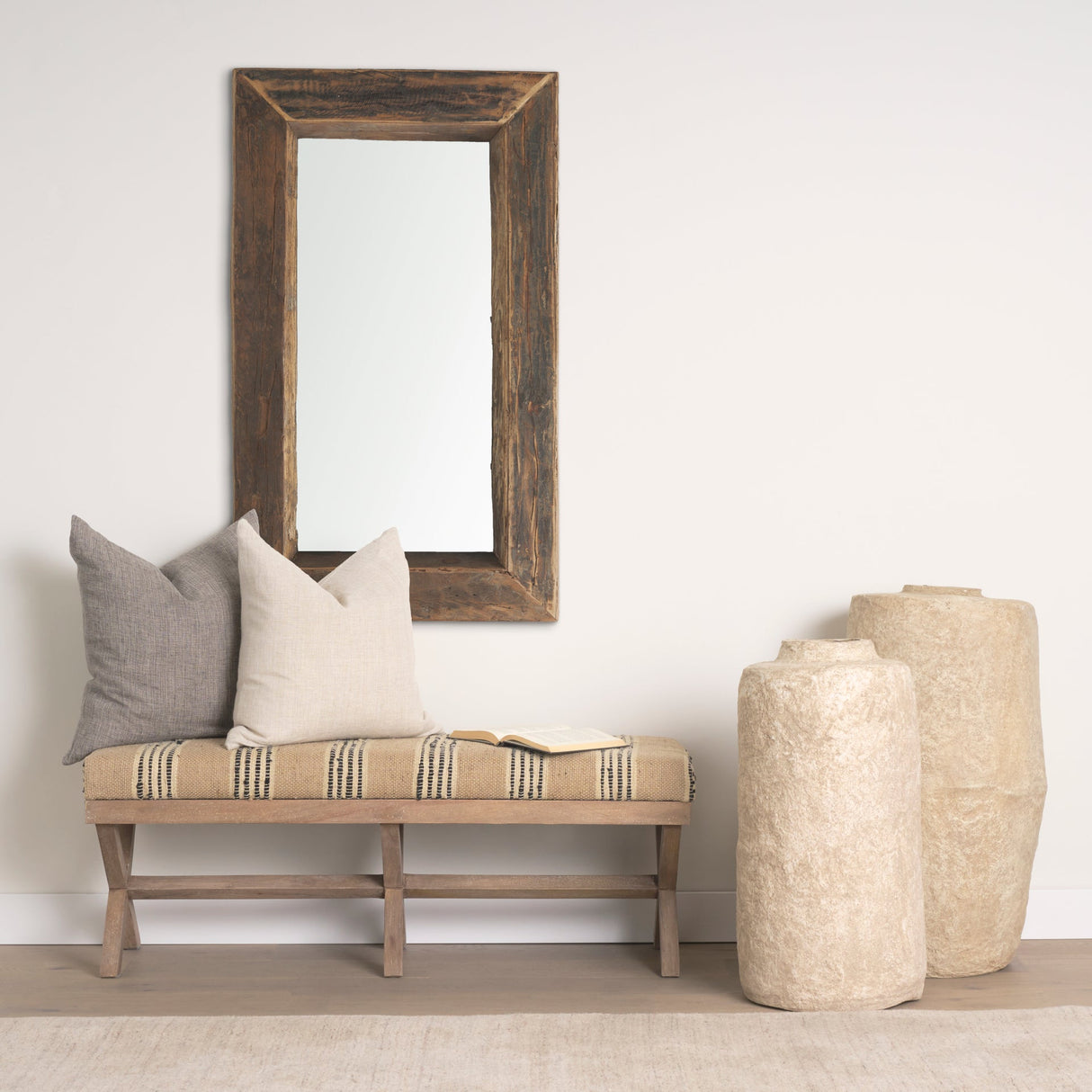 Solis 50L x 16W Brown Base Upholstered Beige/Black Stripe Seat Accent Bench by Mercana at Eve Furniture