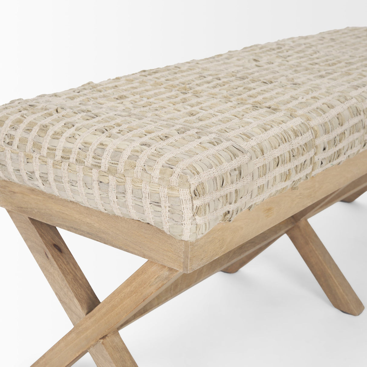 Solis II Brown Base Beige Woven Leather Cushion Accent Bench by Mercana at Eve Furniture