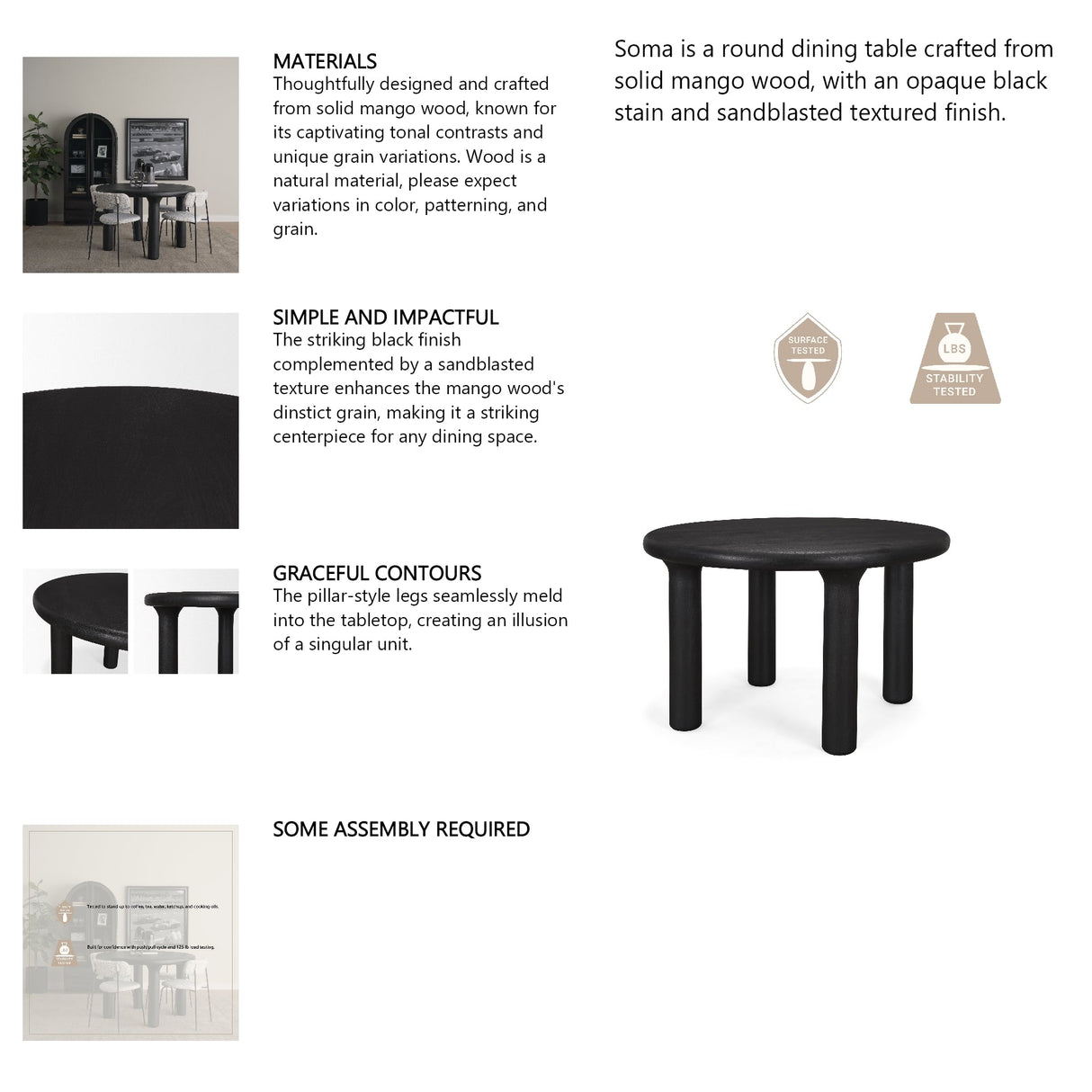 Soma Textured Black Mango Wood Round Dining Table by Mercana at Eve Furniture