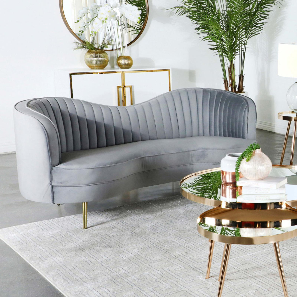 Sophia Gray/Gold Upholstered Loveseat with Camel Back by Coaster at Eve Furniture