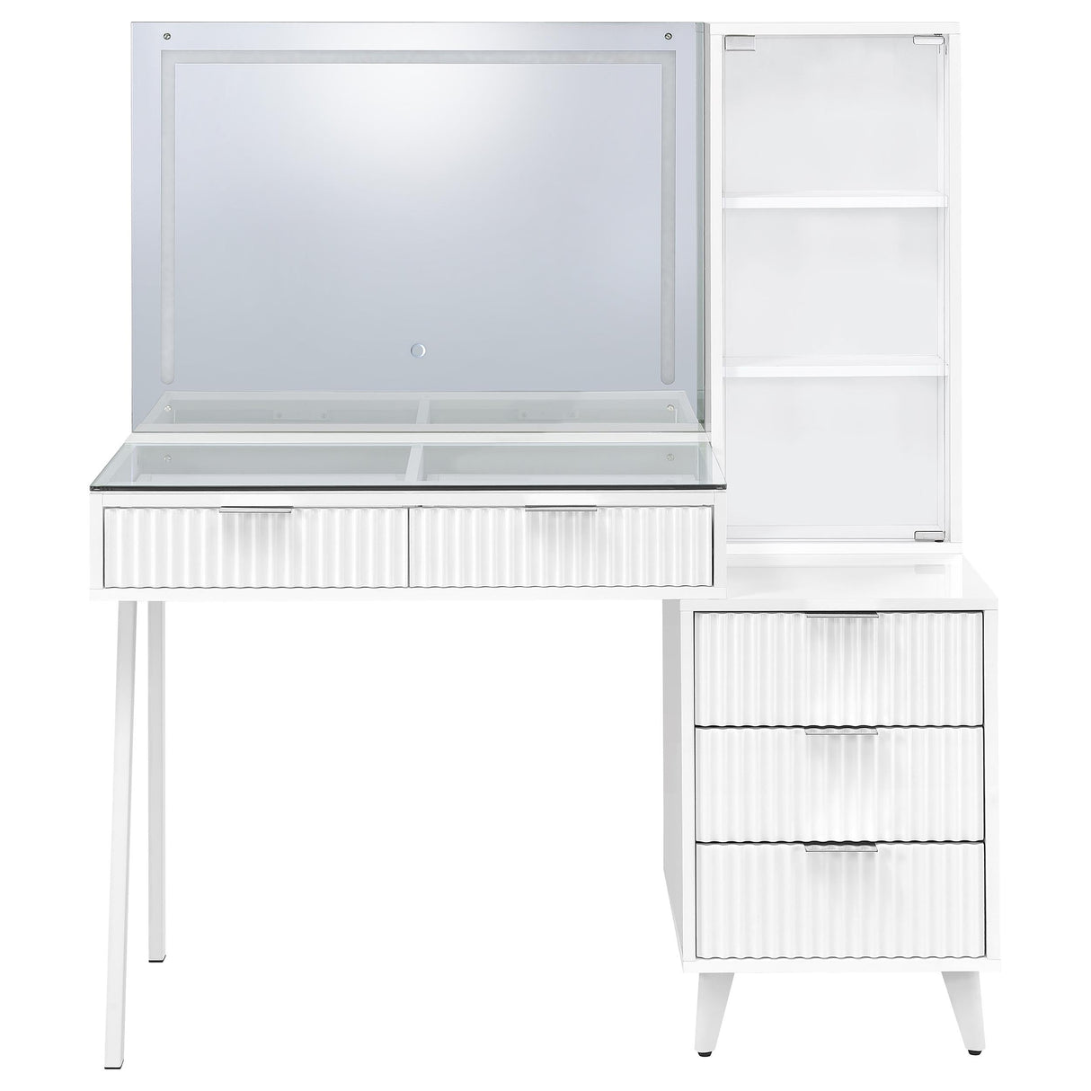 Souza White High Gloss 5-Drawer Makeup Vanity Table With LED Mirror by Coaster at Eve Furniture