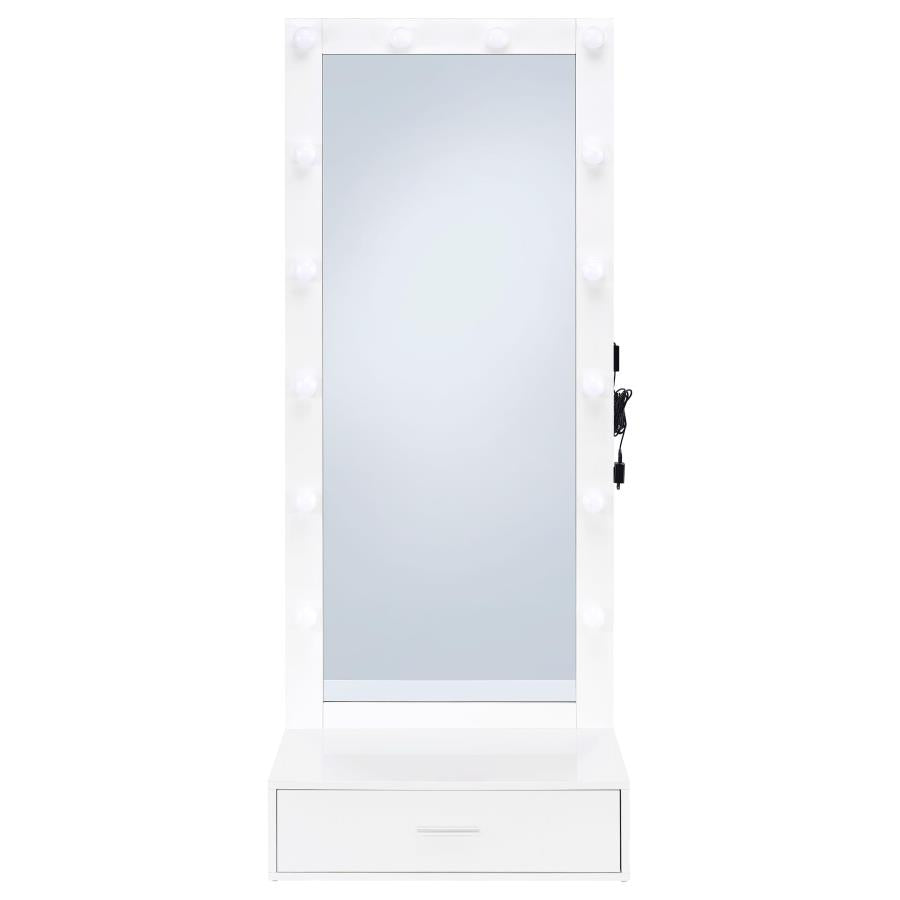 Spector White High Gloss 1-drawer Lighted Full-Length Floor Mirror by Coaster at Eve Furniture